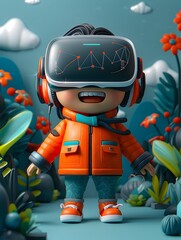 Poster - Cheerful 3D character in VR headset exploring innovative data driven digital realm with vibrant