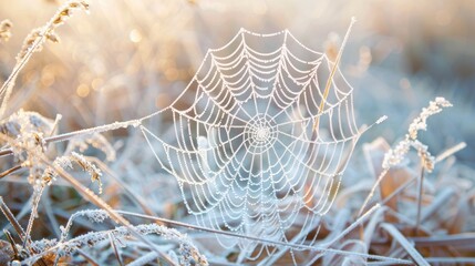 Wall Mural - White spiderweb with dew on dry grass on early spring morning