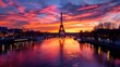 © 69 - A vibrant sunset over the Seine River in Paris, with the Eiffel Tower silhouetted against the colorful sky and reflections dancing on the water