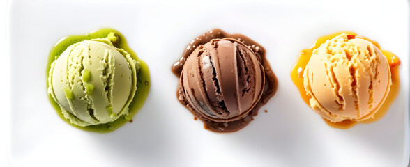 Wall Mural - Set of various ice cream scoops or balls isolated on white background. Top view. Vanilla, strawberry, caramel, pistachio and chocolate flavor