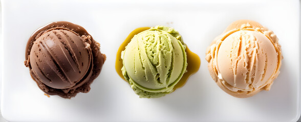 Wall Mural - Set of various ice cream scoops or balls isolated on white background. Top view. Vanilla, strawberry, caramel, pistachio and chocolate flavor