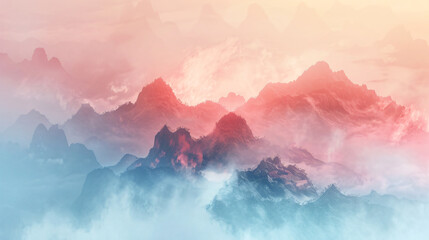 Wall Mural - Abstract mountain landscape in the style of a watercolor painting, foggy mountains, soft gradient colors, minimalist design