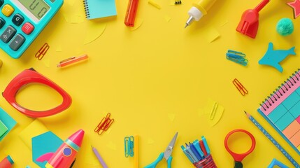 Poster - Bright yellow background with a vibrant frame of school supplies: rocket pencil case, calculator, notepad, scissors, pens, clips, sharpeners.