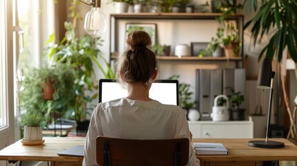 Poster - Elevate your presentations with a mockup of a blank screen laptop computer, featuring a businesswoman diligently working on her work project in a home office, surrounded by productivity
