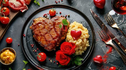 Wall Mural - Valentine s Day meal with heart shaped meat cutlet