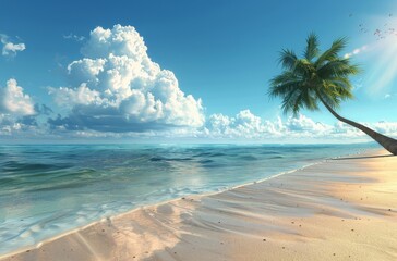 Wall Mural - Lone Palm Tree Leaning Over Tropical Beach on Sunny Day