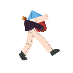Poster - Person carries geometric shapes. Lonely office worker overcomes problems, challenges many tasks, projects. Hardworking people work alone concept. Flat isolated vector illustration on white background