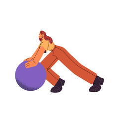 Poster - Successful management strategy concept. Woman rolls round geometric shape. Office worker pushes circle. Employee overcomes challenges with winning solution. Flat isolated vector illustration on white