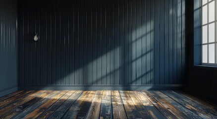 Wall Mural - Dark Blue Room With Wooden Floor and Sunlight Streaming Through Window