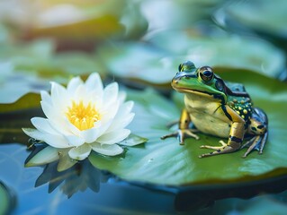 A vibrant frog sits on a lily pad next to a blooming white water lily in a serene pond, capturing the essence of natural beauty and tranquility.