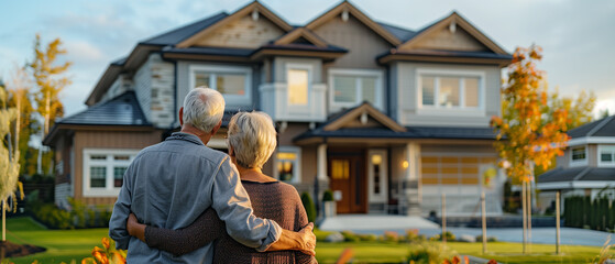 Rear view of Senior couple in front of their new house