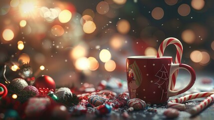 Wall Mural - Festive Holiday Background with Blurred Candy Lights and Cup
