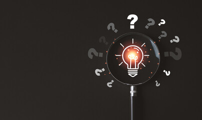 Fototapete - Glowing lightbulb inside of magnifier glass with question mark on dark background for creative thinking idea problem solving and solution concept.
