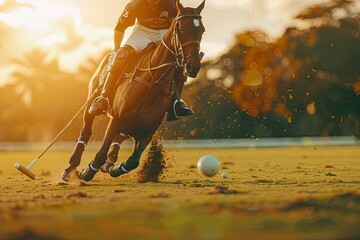 Polo Player Striking Ball at Sunset