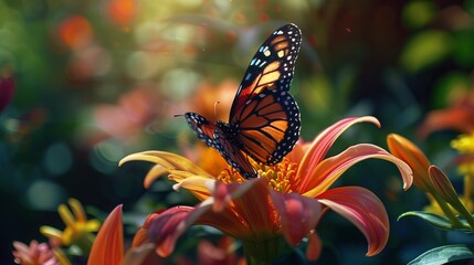 Wall Mural - A butterfly rests on a flower in a lush summer garden, captured in stunning detail.