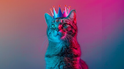 Cat wearing a crown, colorful neon lighting, studio shot. Regal pet and modern art concept