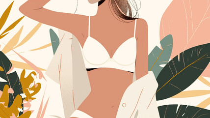 Wall Mural - Woman wearing white bra in tropical leaves