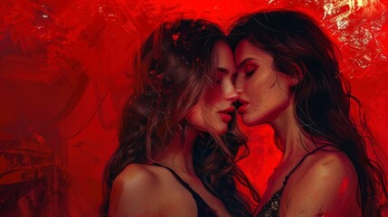 Illustration of a couple of women posing very close in a sexy way on a red background. erotic concept