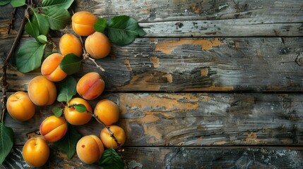 Wall Mural - Sumptuous apricot fruits arranged in a rustic setting on a wooden surface, capturing the essence of orchard-fresh delight and natural abundance