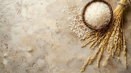 A bowl of uncooked white rice with rice stalks on a textured surface, top view. Natural food ingredients concept