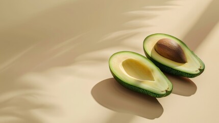 Wall Mural - Halved avocado with shadow play on beige background, healthy eating and organic food concept