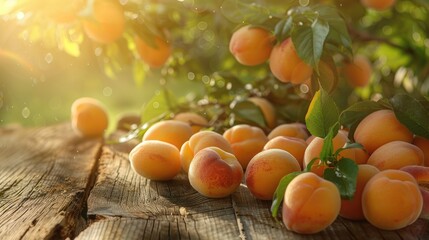 Sun-kissed apricot fruits arranged with care on a natural wooden background, inviting admiration for their lusciousness and natural allure.