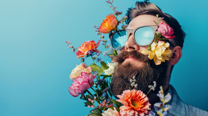 Man with beard and sunglasses adorned with vibrant flowers on a blue background, artistic portrait. Creativity and nature concept