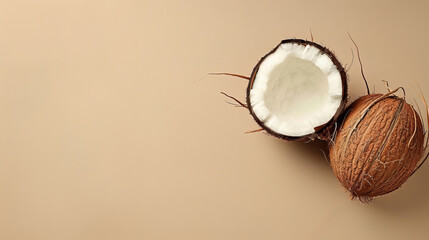 Wall Mural - Half and whole coconut on beige background, minimalistic natural concept