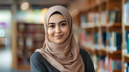 Cheerful female international muslim student at the college library