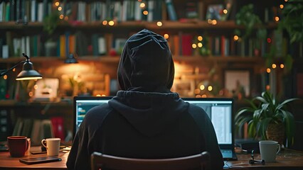 Poster - A person in a hooded sweatshirt sits in front of a laptop and desktop computer in a home office. Fairy lights illuminate a bookshelf in the background.
