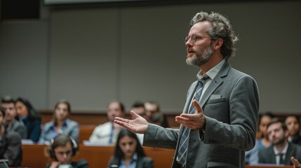 Image of a guest lecturer standing at a podium and speaking to a group of attentive professionals gathered in an auditorium or classroom setting for a corporate conference or seminar event