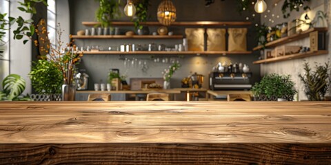 Wall Mural - Wooden Tabletop with Blurred Cafe Background