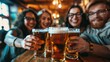 © Intelligent Horizons - Group of Friends Raising Glasses of Beer and Toasting Each Other in Warm and Lively Pub Environment Enjoying Social Gathering and Leisure Time Together