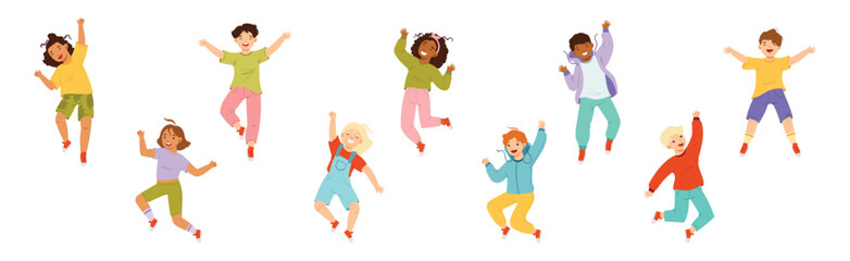 Wall Mural - Jumping Kids Feeling Happiness and Excitement Having Fun Vector Set