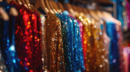 Store display of sequin party dresses on hangers close up shot Text space available