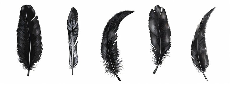 Black feathers set collection isolated on white background vector illustration, clipart design with clipping path


