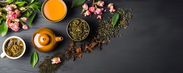 health benefits of tea served in a white bowl surrounded by pink flowers and green leaves on a black table