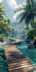 Wall Mural - A wooden bridge over water surrounded by palm trees in a natural landscape