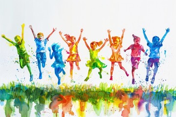 A group of children are jumping in the air, with some of them wearing colorful clothes. The painting captures the joy and excitement of childhood, as the children play and have fun together