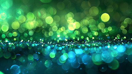 Poster - Abstract green shiny glowing background, beautiful shining abstract background glitter lights with sparks fly defocused bokeh - celebratory mockup texture with blank space for your content

