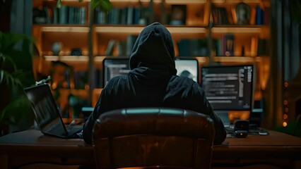 Poster - a person wearing a hoodie sits in front of a desk with two computers, working late at night in a hom