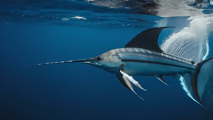 A large sailfish with a long, pointed snout is swimming in the ocean. The fish is surrounded by water, and the image has a calm and serene mood