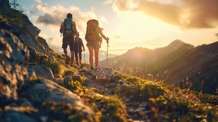 Mountain travel hike people adventure man summer journey tourism group sunset trekking. Hike travel woman mountain walk active backpack nature together sport young trail outdoor. Generative Ai