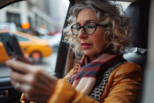 Mature businesswoman reading text message on her cell phone while traveling in a cab.