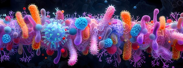 Poster - Vibrant Depiction of the Gut Microbiome Detailed Portrayal of Intricate Microbial Patterns