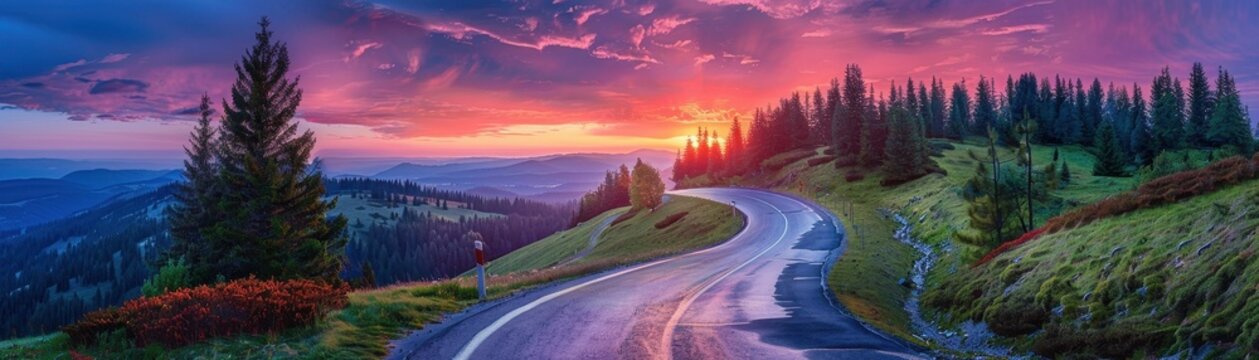 Colorful sunset over winding road through scenic forest 