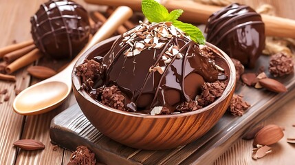 Wall Mural - healthy dessert recipes featuring chocolate ice cream served in a wooden bowl with a spoon, garnished with a green leaf and served on a wooden table
