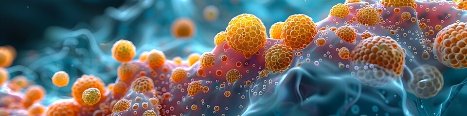 Poster - Vibrant 3D Rendering of Skin Microbiome Depicting Diverse Bacterial Colonies and Vivid Microscopic