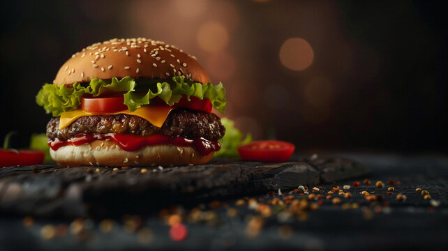 A close-up of a delicious cheeseburger with lettuce, tomato, and onions, placed on a dark rustic wooden table.
