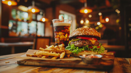 Wall Mural - A burger and fries served on a wooden board in a cozy restaurant with warm lighting.